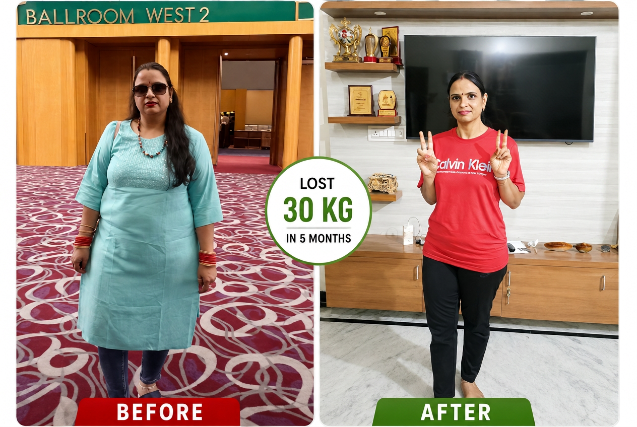 Real weight loss transformation showing 30 kg lost in 5 months.